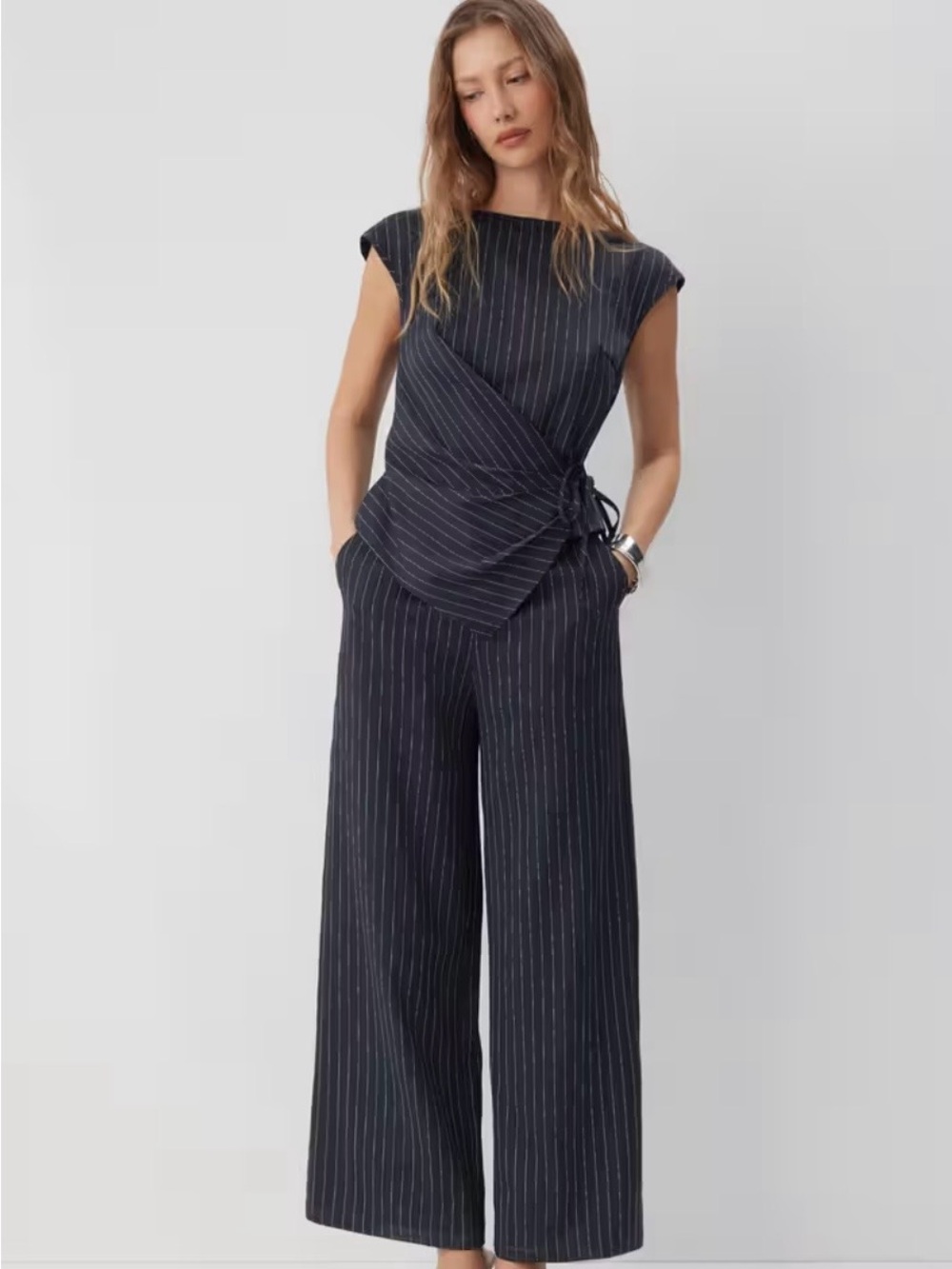 NWT Cider Striped Women's Asymmetrical Tie-Up Wide-Leg Jumpsuit Navy Blue Sz XS